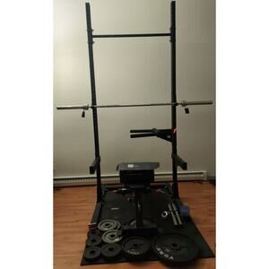 Rogue S-3 Squat Stand 2.0 w/ dip bars, bench, York bar, plates (345 lb), pulley